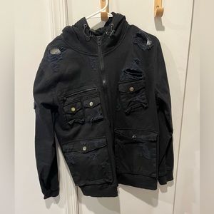 Black ripped denim sweatshirt jacket